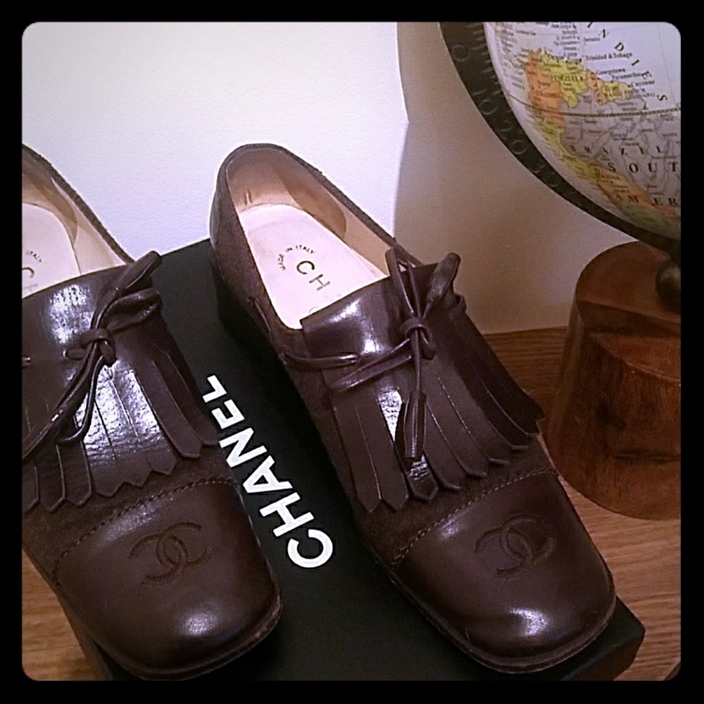Authentic Chanel Brown Oxford Fringe Loafers